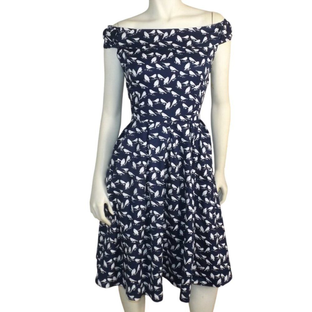 LINDY BOP Dress, 10, Christie Navy Blue, Swing/Retro, Off the shoulder, cotton